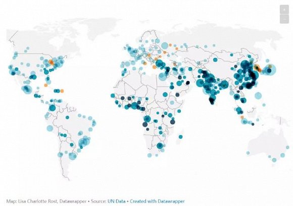 datawrapper借助联合国数据,将500个人口超过100万的城市陈列在地图上图片