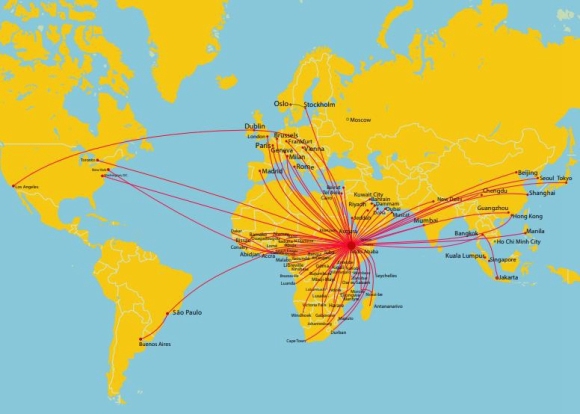 截至2019年2月埃塞航空的航线图.来源:埃塞航空官网