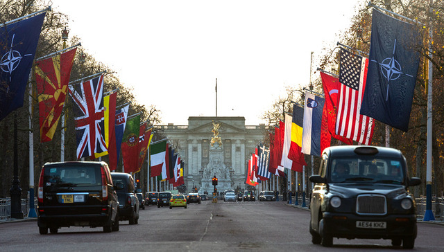 2019年12月2日,英国伦敦,白金汉宫林荫大道两旁的北约成员国国旗.