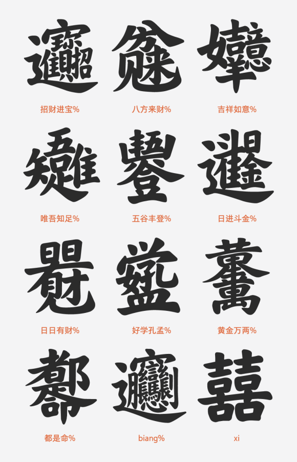 比如特意设计了中华传统民俗文化中的"合体字"以及陕西特有的"biang"