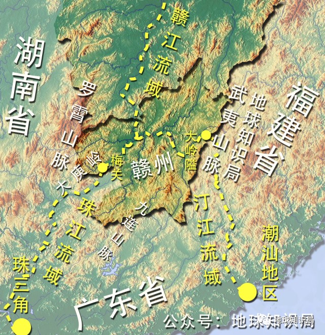 南面的九连山脉和大庾岭构成了江西与广东的界线;西面罗霄山脉中的诸