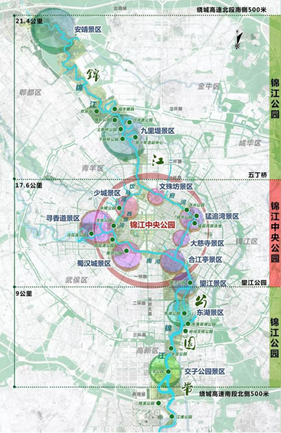 锦江公园要涉及绕城高速内的锦江段,全长48公里,涉及郫都区,金牛区