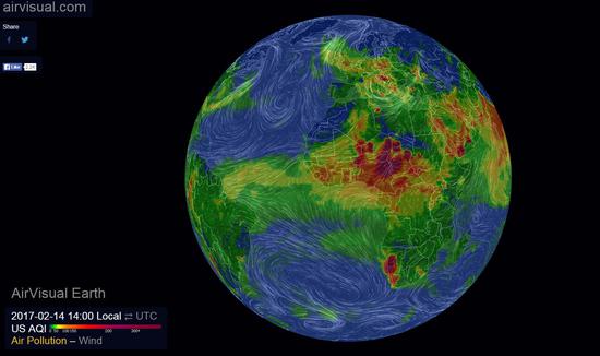  airvisual网站上的实时全球空气质量和风向图