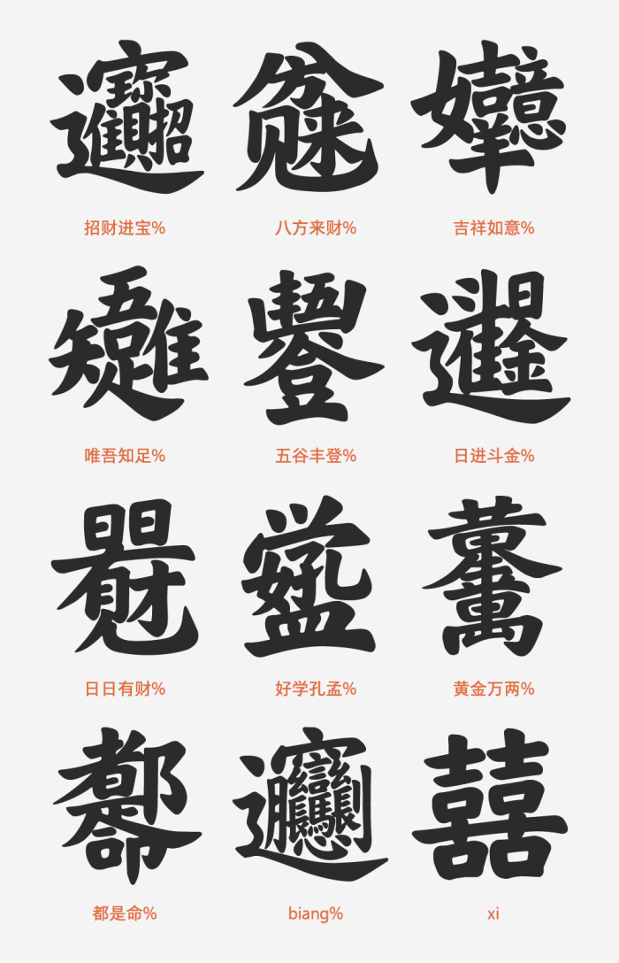 合体字以及陕西特有的biang字,以及中国民间常用的喜庆汉字囍