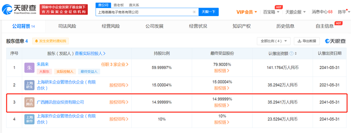 腾讯入股德菖电子商务公司，后者经营范围含贸易经纪|界面新闻 · 快讯