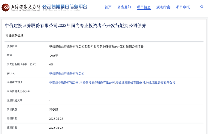 中信建投证券400亿元小公募债项目获上交所受理