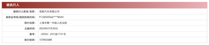 观致汽车新增一则被执行人信息，执行标的约1.08亿元