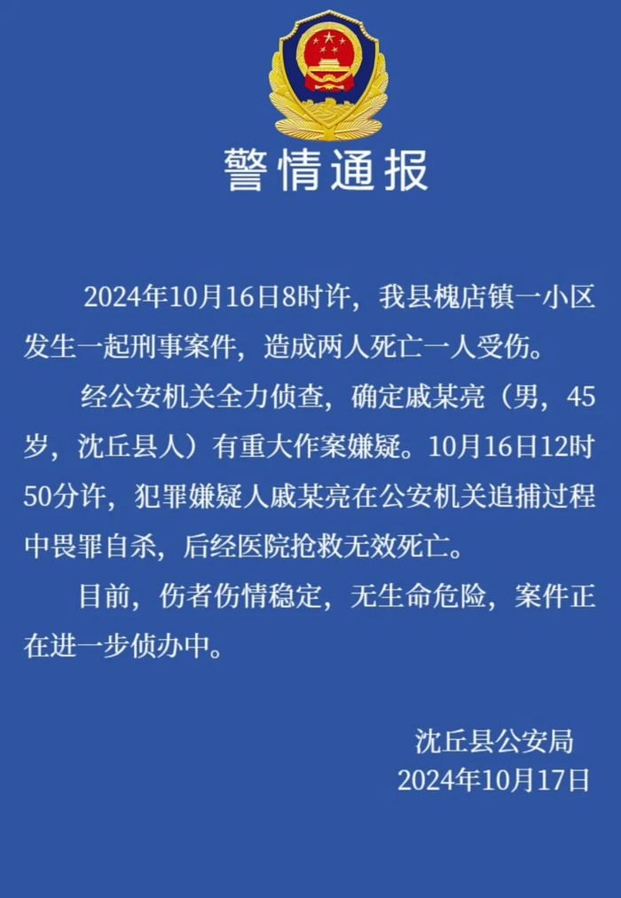 河南沈丘发生一起刑案致2死1伤，警方通报：嫌犯已畏罪自杀|界面新闻 · 快讯