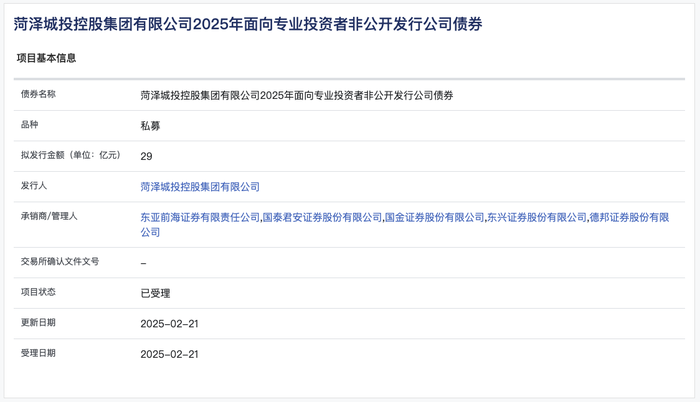 菏泽城投控股集团29亿元私募债项目获上交所受理 · 快讯