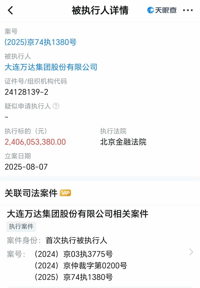万达集团被执行24亿，被执行总额超76亿