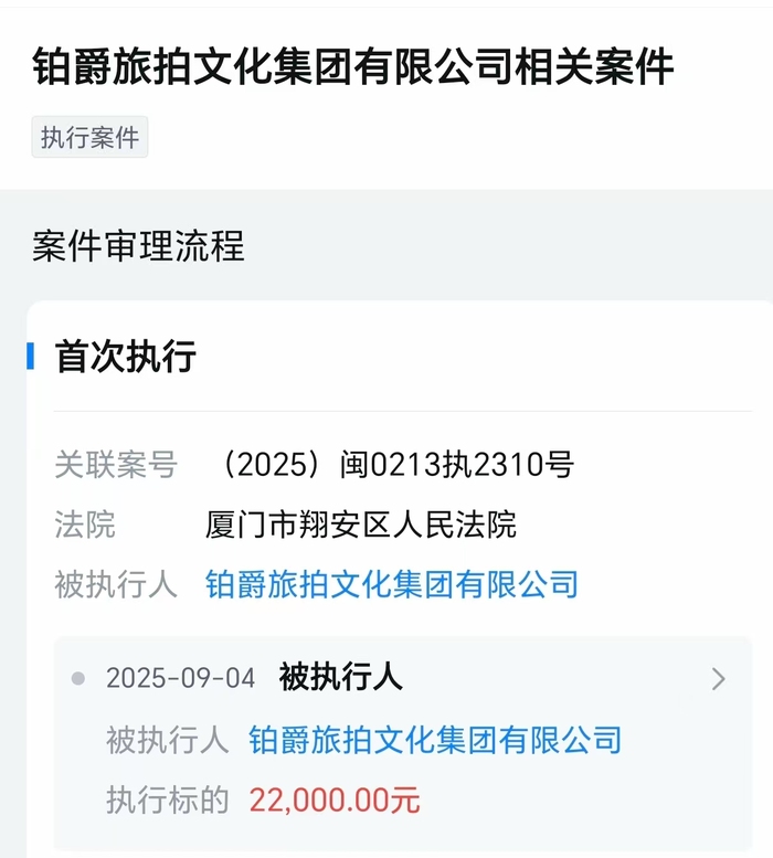 铂爵旅拍成为被执行人，被冻结股权数额已超6700万元