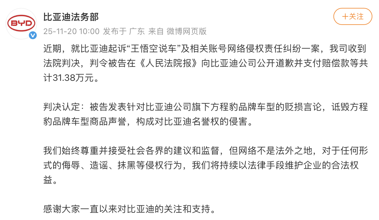 比亚迪诉汽车博主侵权案宣判，被告被判赔偿31.38万元