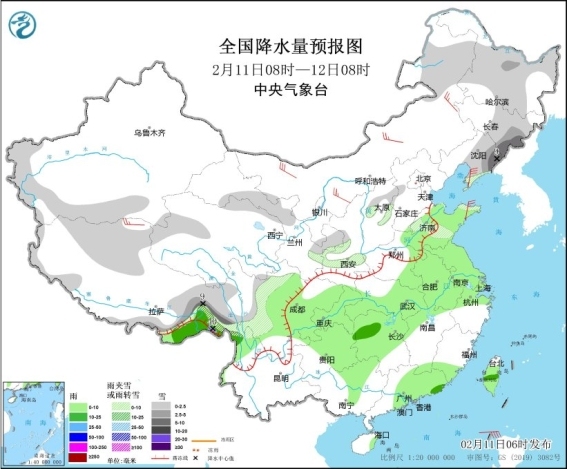 中东部地区有大风降温，东北地区及西藏东部有较强雨雪