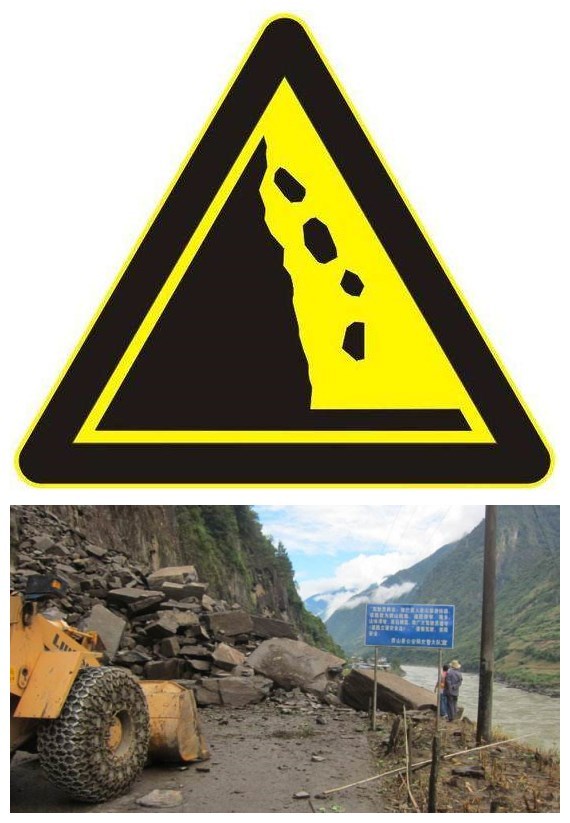 道路小心落石警示牌图片